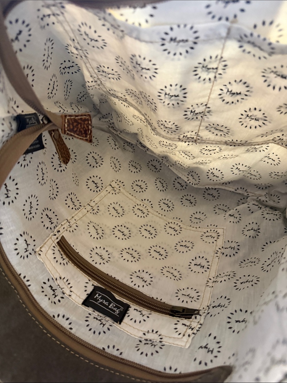 Myra Bag Black and Cream Floral Canvas Tote with Brown Trim - Picture 5 of 6